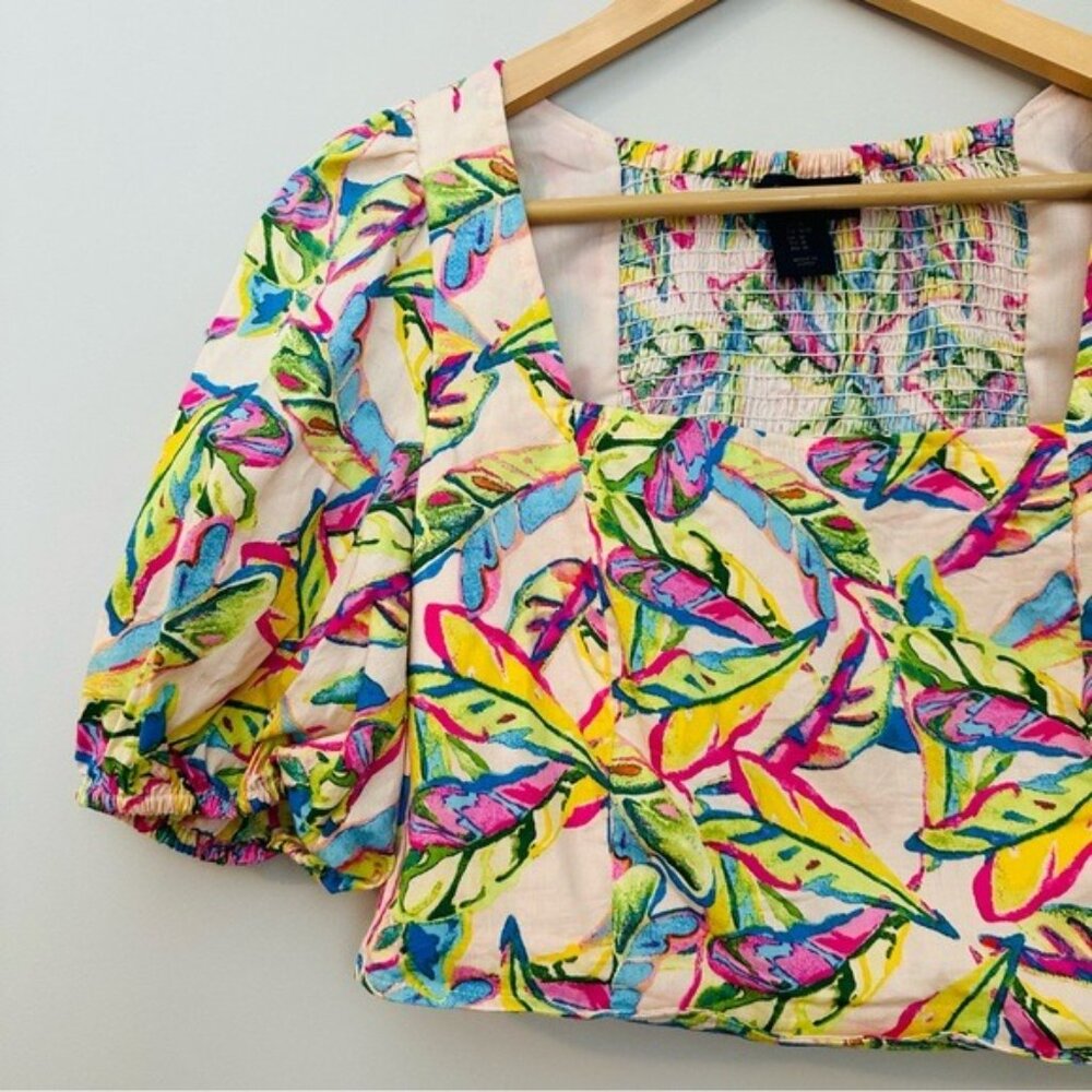 Rachel Roy Tropical Puff Sleeve Smocked Crop Top Medium Coastal Prep Y2K - Picture 4 of 8
